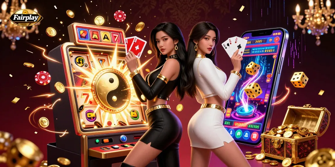Experience Fairplay excitement with Asian women in casino attire holding playing cards amid a vibrant jackpot scene.