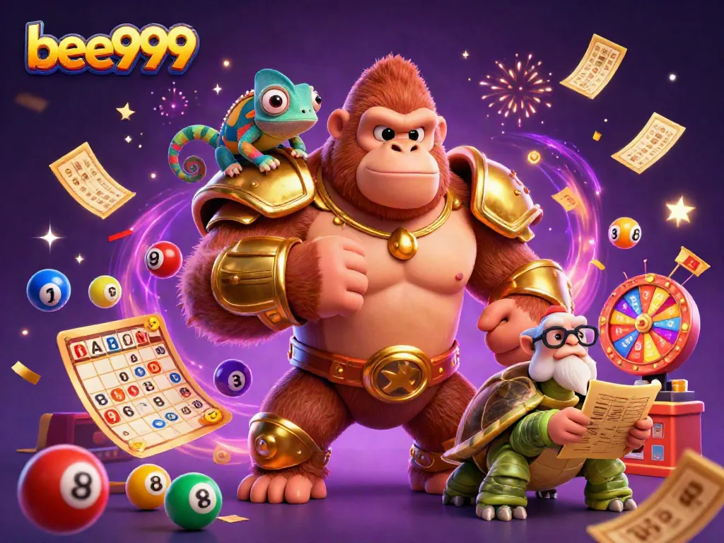 Engage with bee999's vibrant lottery and casino scene featuring animated elements and characters.