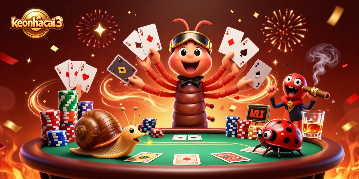 Engage with keonhacai3 as the millipede dealer showcases cards in a vibrant casino scene.