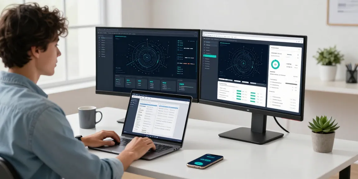 快连 network optimization workstation with dual monitors showing analytics and a young professional working, modern tech environment.