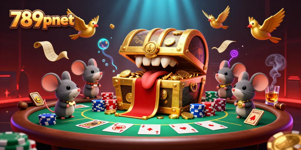 Engaging scene of a treasure chest representing 789pnet, drawing adventurers with poker chips and glowing allure.