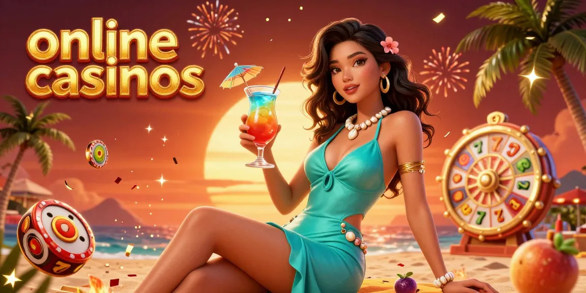 Experience thrilling online casinos with a glamorous Asian woman enjoying a tropical drink amidst festive casino elements.