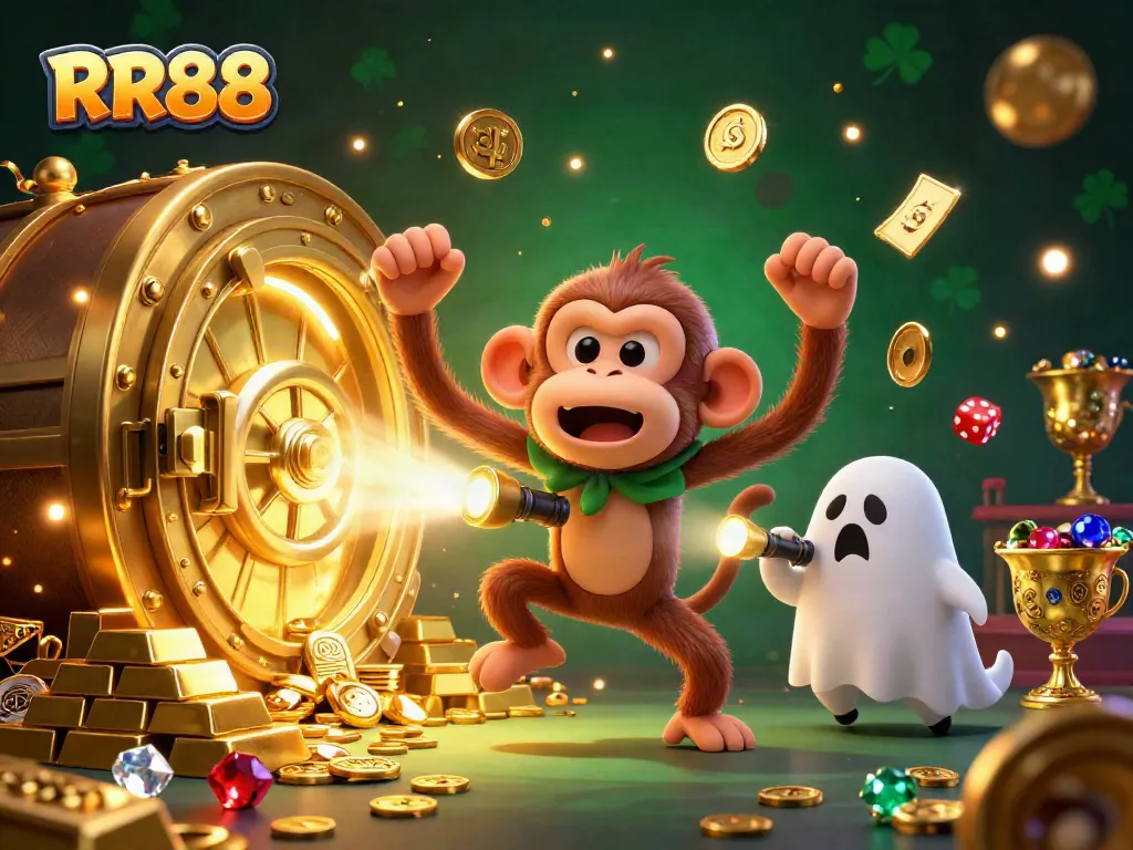 RR88 showcases a ghost-hunter puppy tracking a mischievous monkey in a vibrant casino.