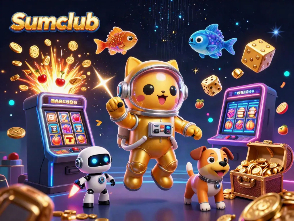 Spin and win big at Sumclub with vibrant casino-themed 3D illustration showcasing a jackpot.