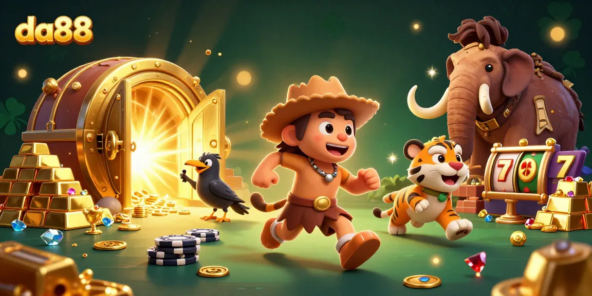 Experience thrilling wins at da88 with 3D cartoon caveman and friends in a vibrant casino scene.