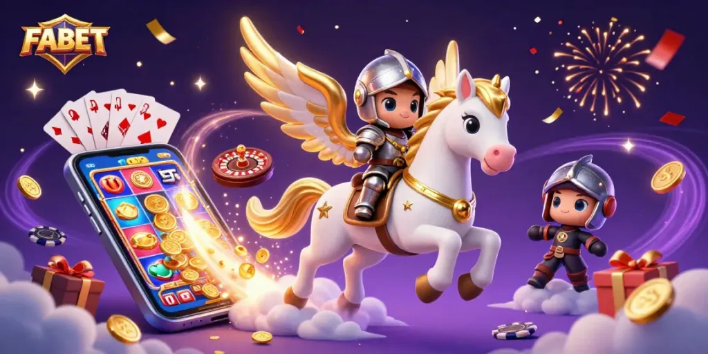 Engage in thrilling gaming experiences at FABET with a celestial horse and knight amidst dynamic casino elements.