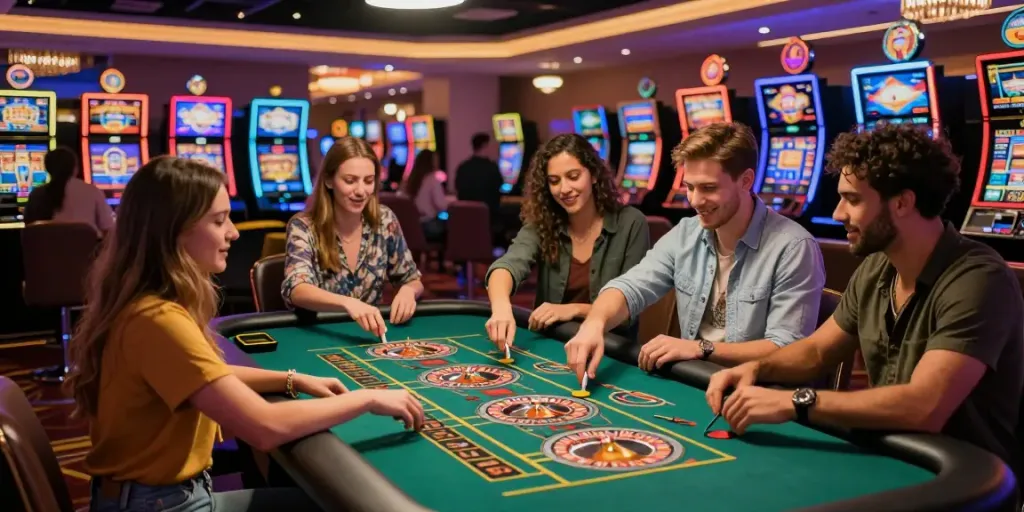 Group enjoying Casino Gratuit games at a lively roulette table in a colorful casino.