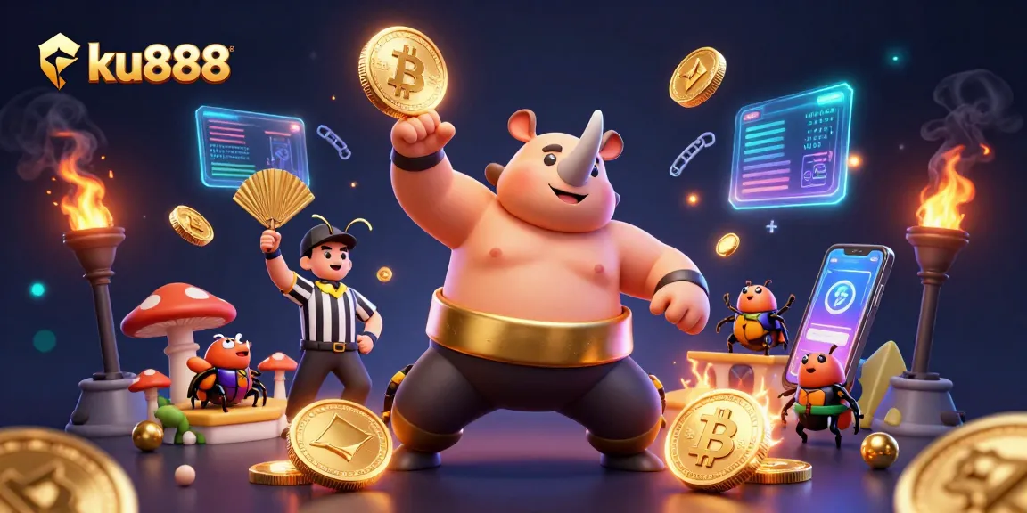 Join ku888 for thrilling gaming action featuring a sumo beetle champion amidst flying coins.