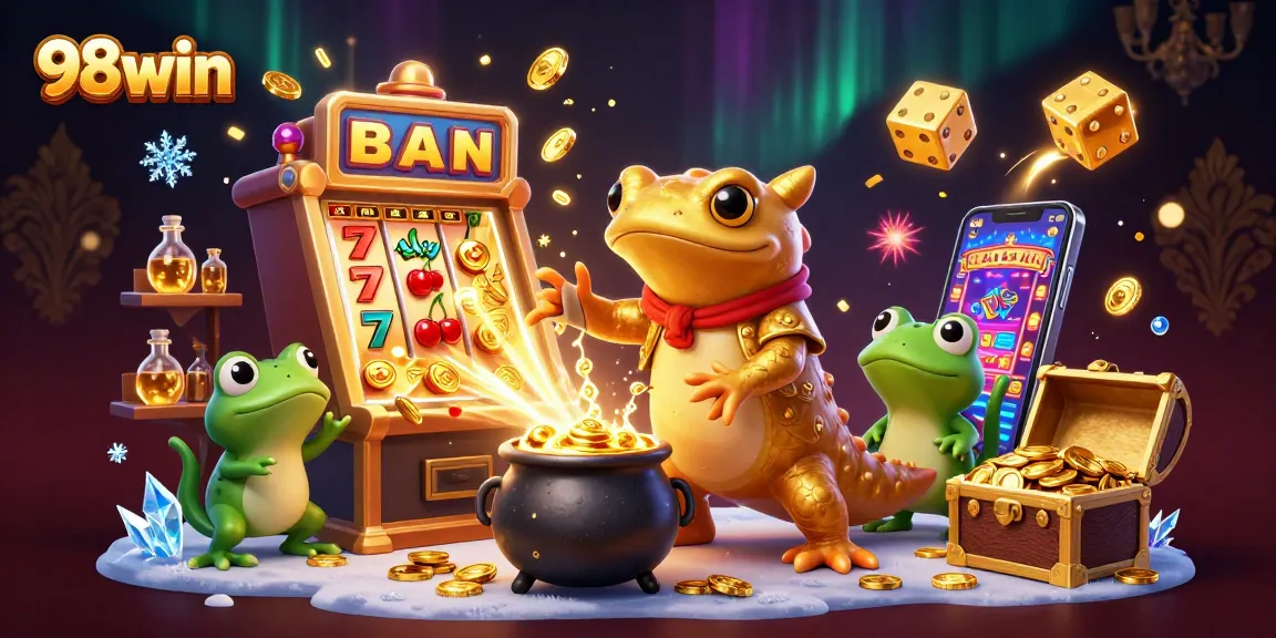 Experience fortune like never before at 98win, where golden coins burst from a jackpot slot machine.