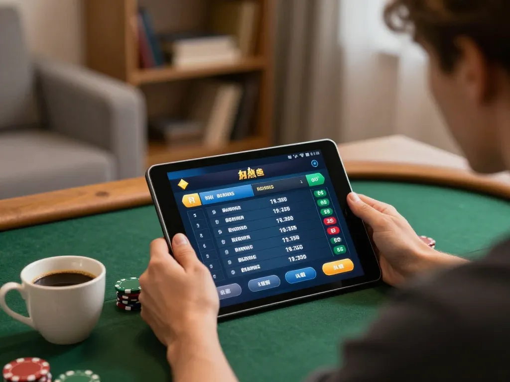 Playing poker on https://rr88co.net/ with a tablet in a cozy home setting, showcasing strategic gameplay.