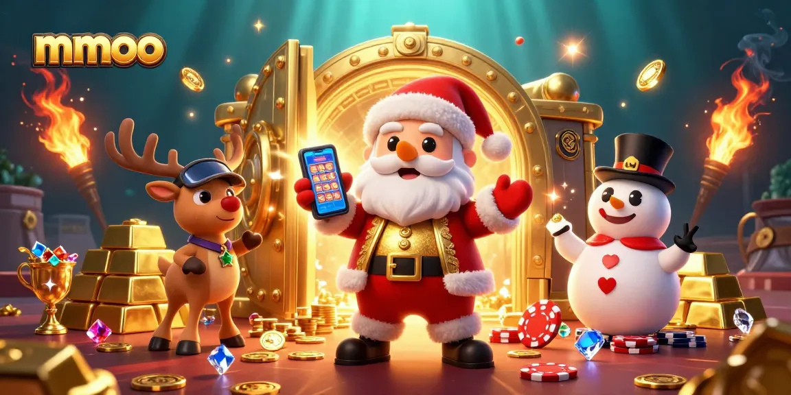 Spin the reels with mmoo's exciting jackpot slots and festive characters in a vibrant casino scene.