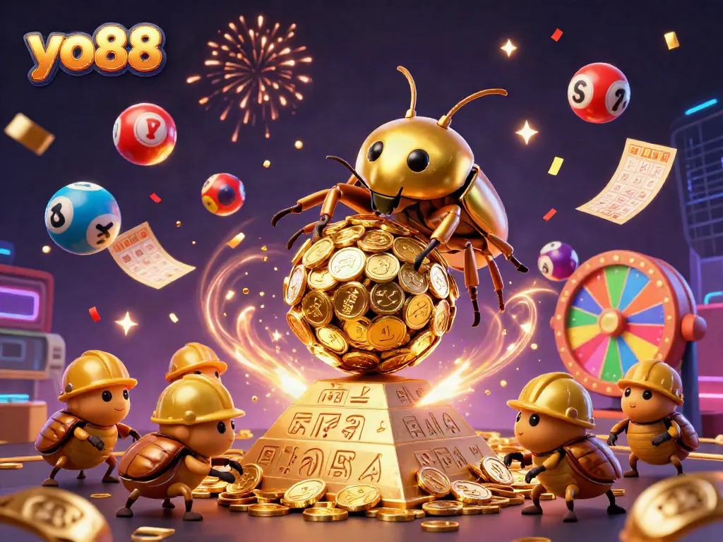 Experience the excitement at yo88 with a golden dung beetle rolling a coin ball, dynamic casino elements, and celebration confetti.