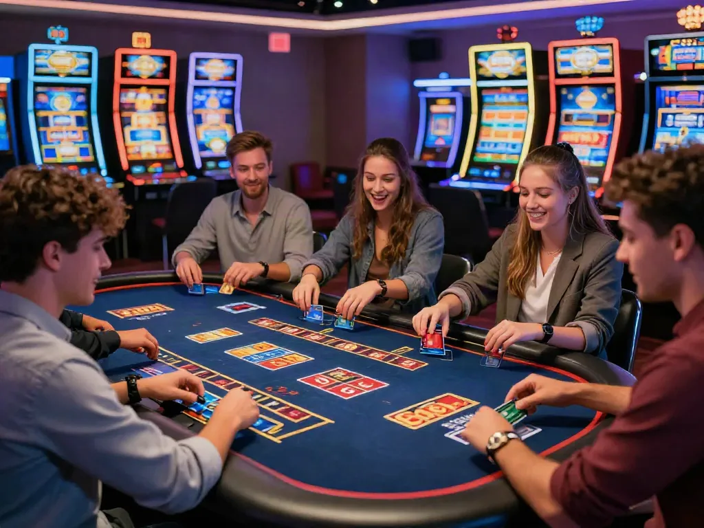 Exciting scene of players engaging with online credit card casinos, showcasing vibrant games and responsible gambling messaging.