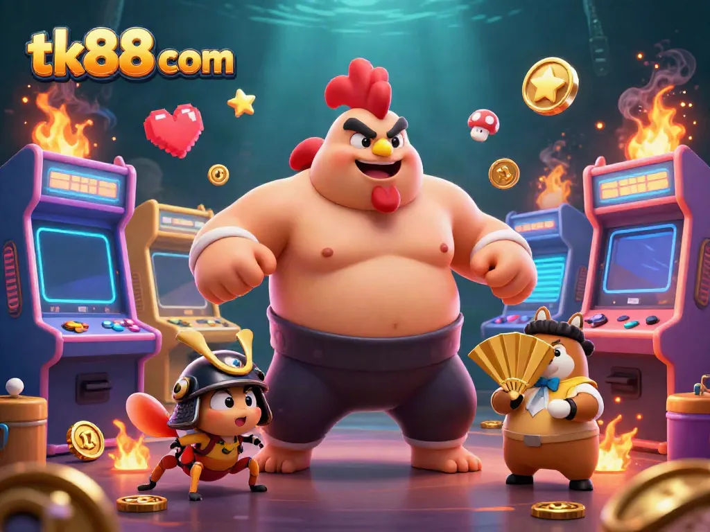 Engage in thrilling gameplay at tk88 com with a dynamic 3D casino scene featuring unique characters and vibrant elements.