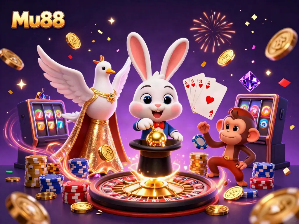 Experience the excitement at Mu88 with a 3D magician rabbit pulling coins and casino elements in a vibrant scene.