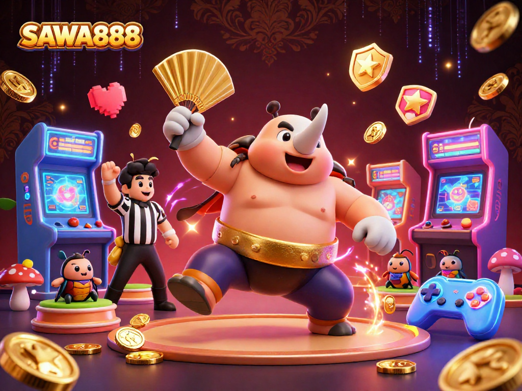 Experience thrilling gaming with SAWA888 in this vibrant casino scene featuring exciting characters and dynamic action.