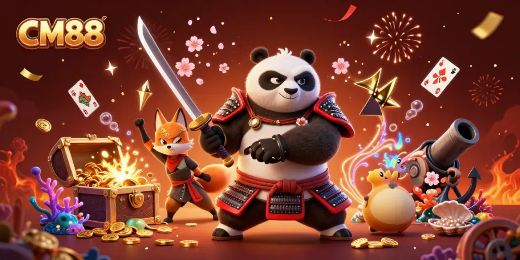Engaging scene showcasing CM88 characters amidst casino elements, with a samurai panda and ninja fox.