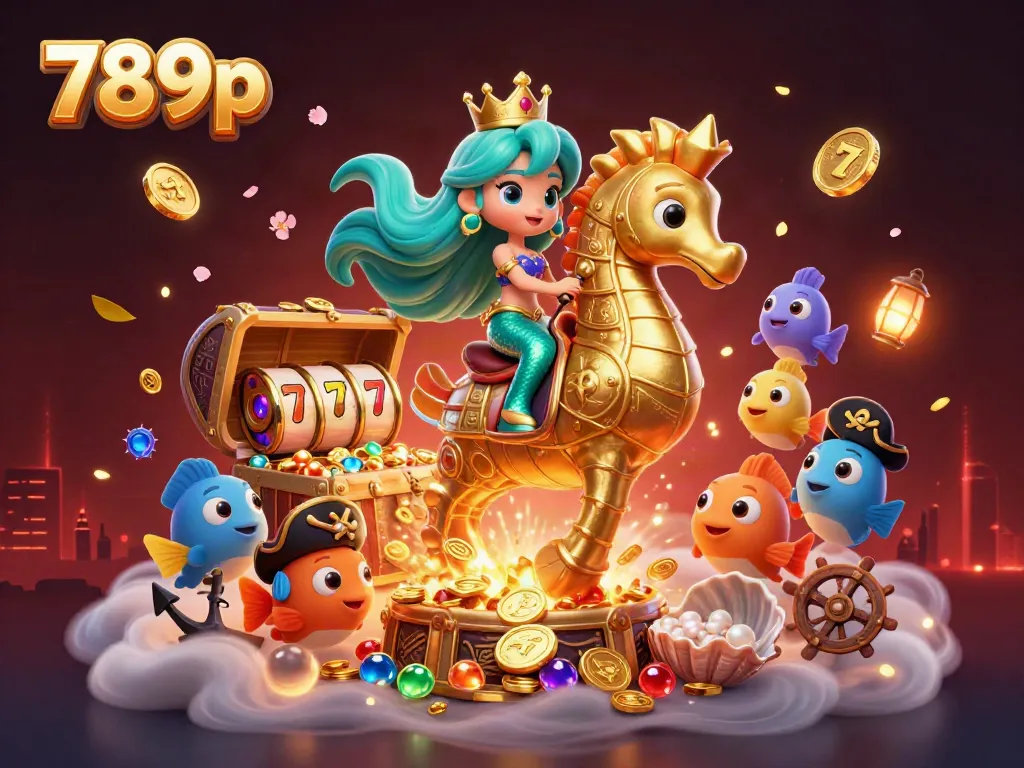 Engage in a thrilling 789p casino adventure with a vibrant 3D illustration of a mermaid and seahorse.