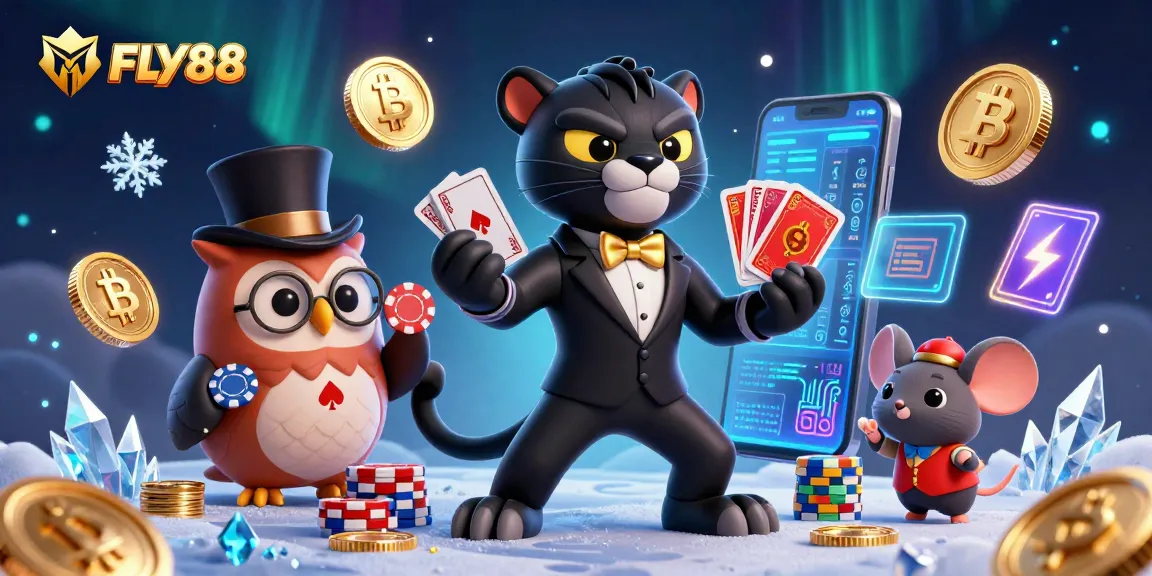 FLY88 features a stylish black panther dealer, an owl with poker chips, and a lucky mouse among vibrant casino elements.