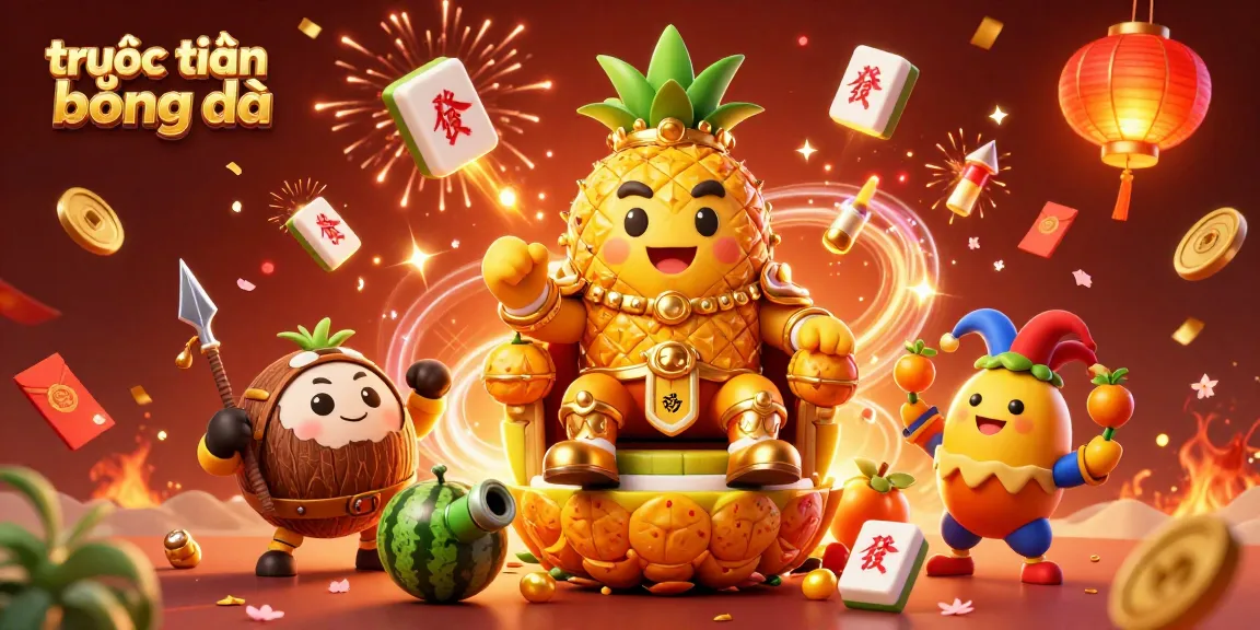 Experience exciting trực tiếp bóng đá with a dynamic scene featuring a golden pineapple king, coconut guards, and festive elements.