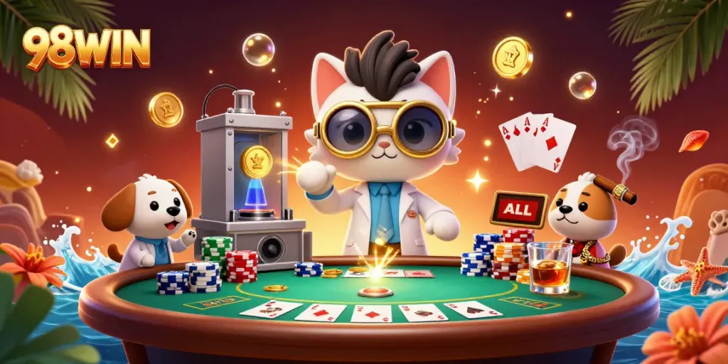 Experience the excitement of 98WIN as the mad scientist cat conjures riches at a poker table.