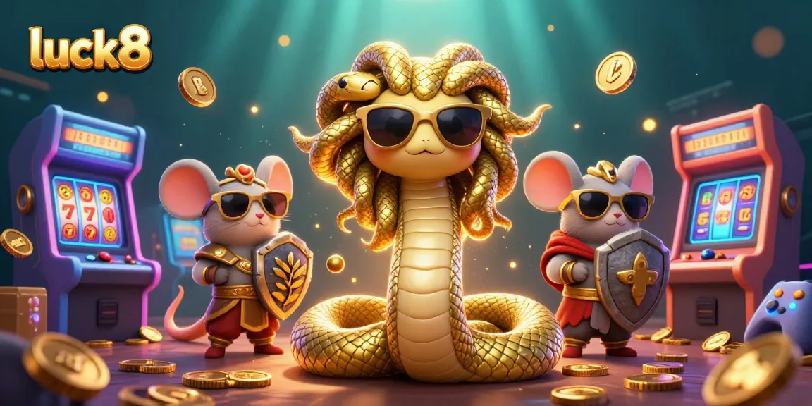 Experience luck8's casino magic with Medusa and a warrior mouse amidst colorful slot machines.