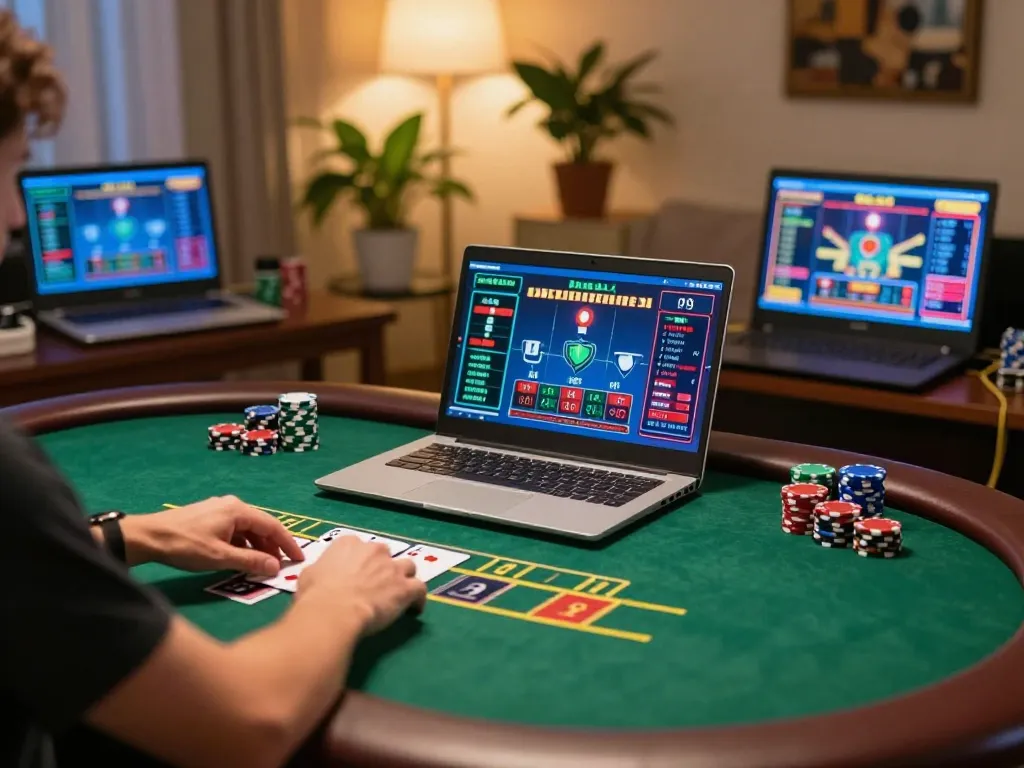 Engaging in live dealer blackjack at home on a laptop, showcasing b52clubc's online gaming experience.