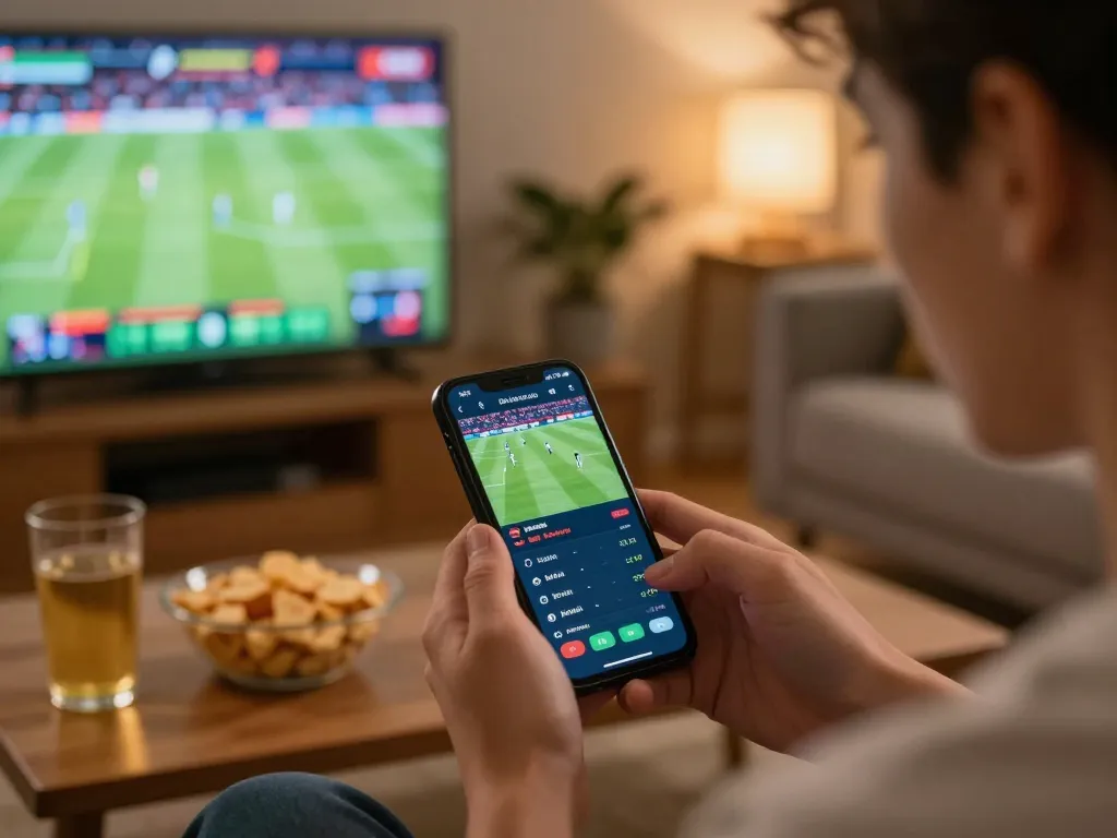 Cwin sports betting app in use during live football match, emphasizing real-time wagering excitement.