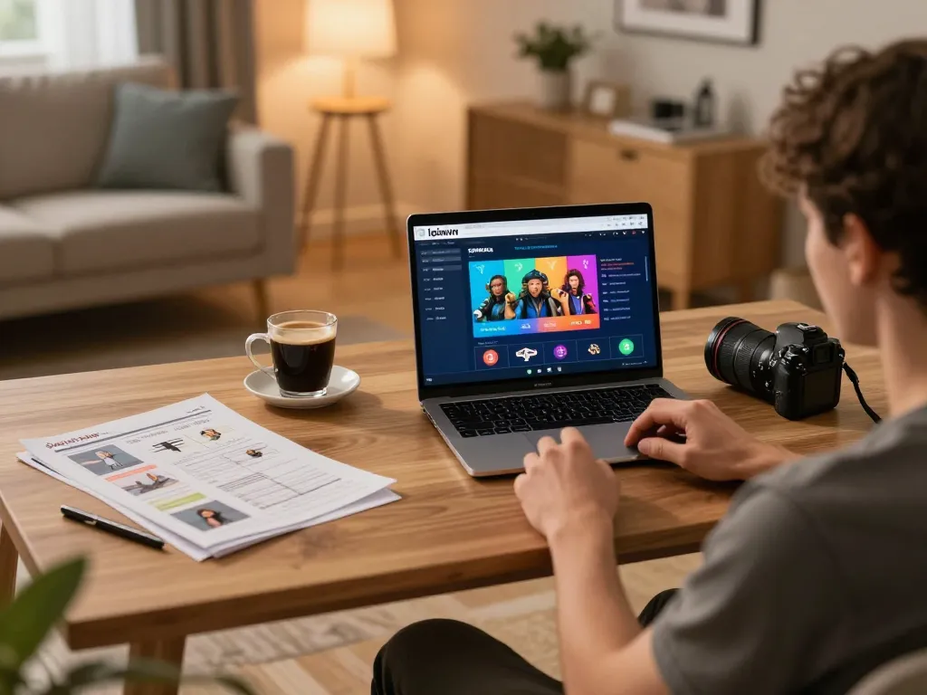 Person playing on 1gomvn platform at home, laptop displaying betting interface, warm atmosphere.