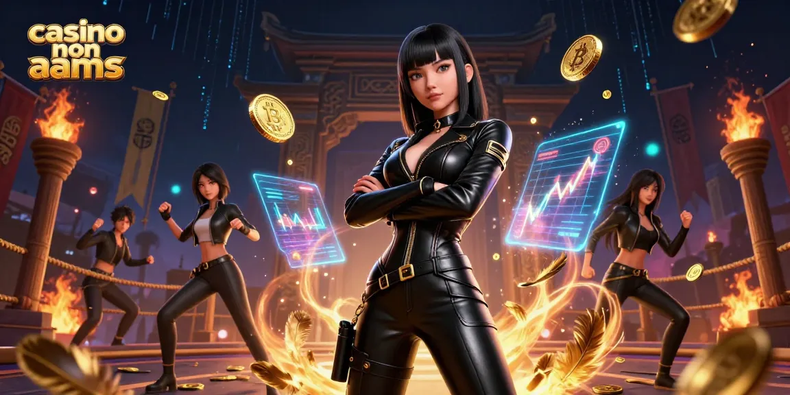 Scena coinvolgente di casinò non AAMS con una donna asiatica e elementi crypto in un ambiente vibrante.