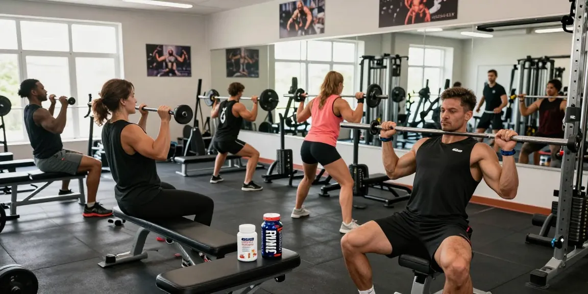 Group of bodybuilders in a gym training with Prime Pharma Steroiden products, showcasing an energetic workout environment.
