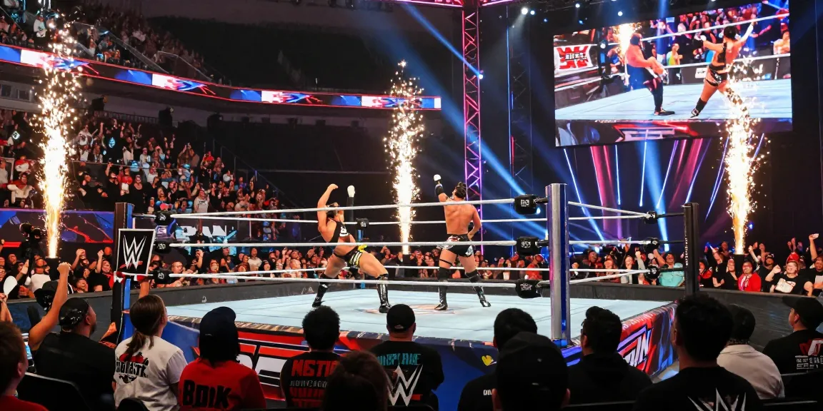 WWE SmackDown wrestlers battling in an electrifying arena atmosphere.