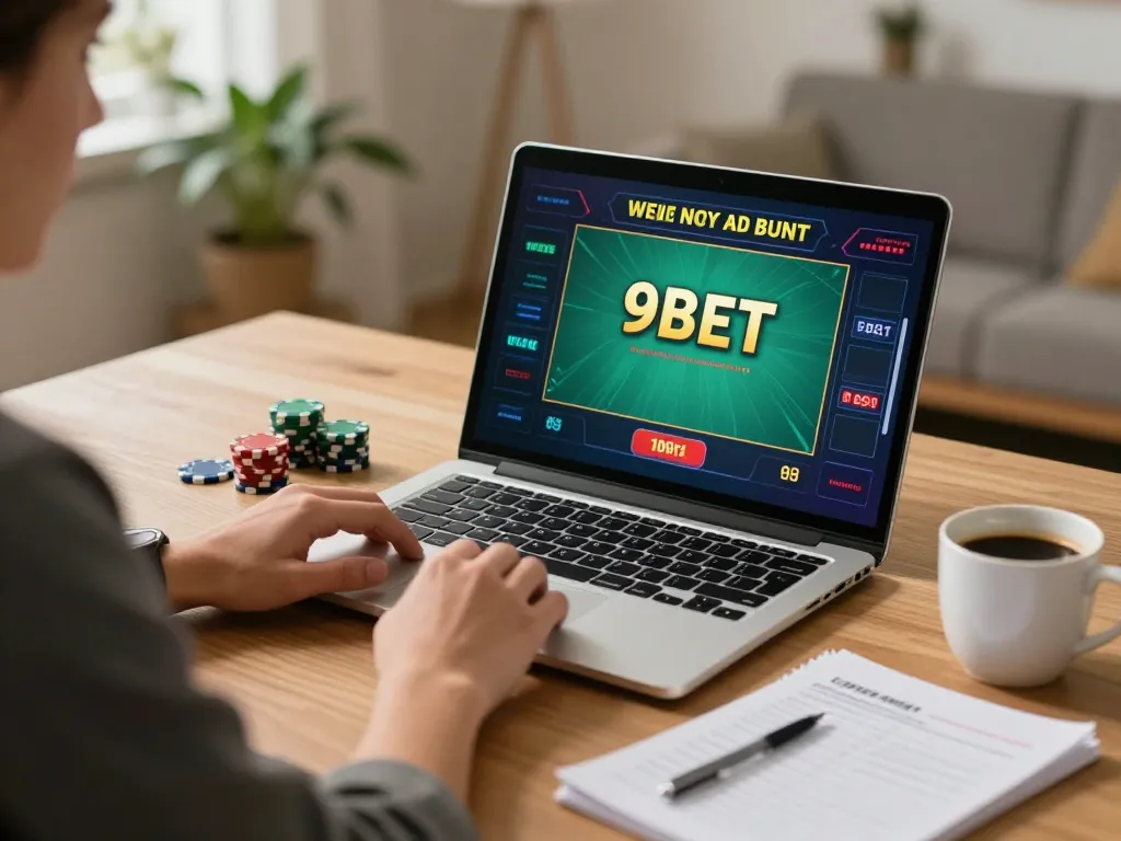 Engaged player enjoying a thrilling 9BET game on a laptop with chips and strategy notes