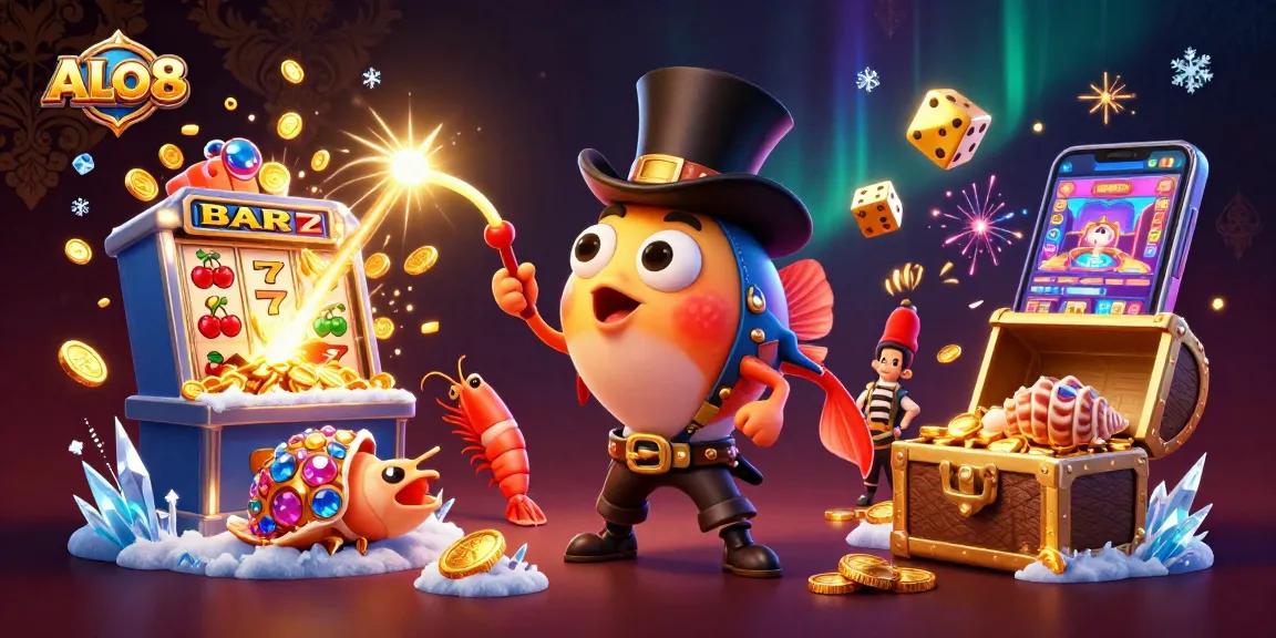 Engage in ALO8 slots adventure with a vibrant anglerfish and pirate shrimp in a treasure-filled scene.
