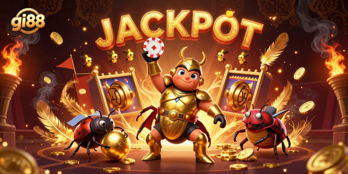 Engage with gi88's thrilling slot experience as cartoon beetles celebrate a jackpot win!