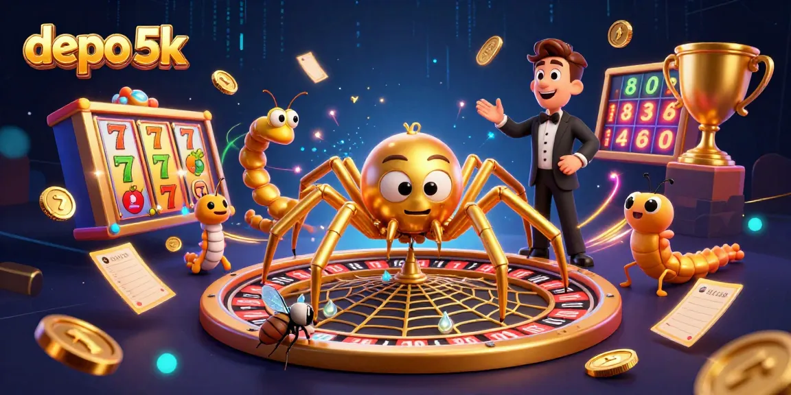 Engage with depo 5k by placing bets on a golden roulette wheel surrounded by vibrant slot game elements.
