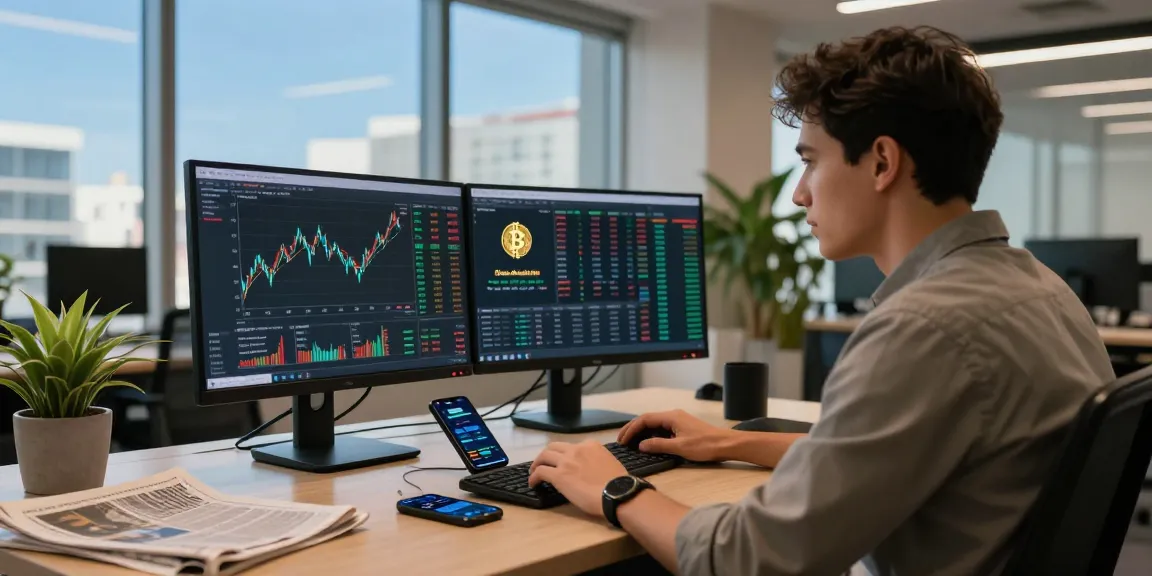 Bitcoin live price chart displayed on dual monitors in a modern trading office