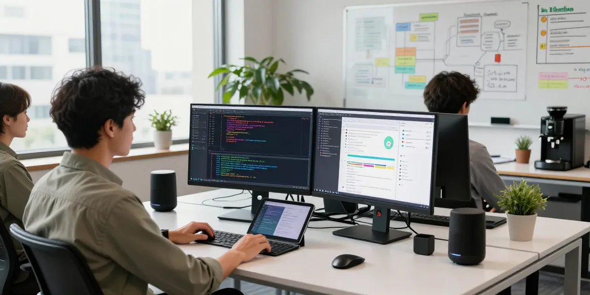 Dynamic software development teamwork at the WPS Official Website workspace with monitors displaying code.
