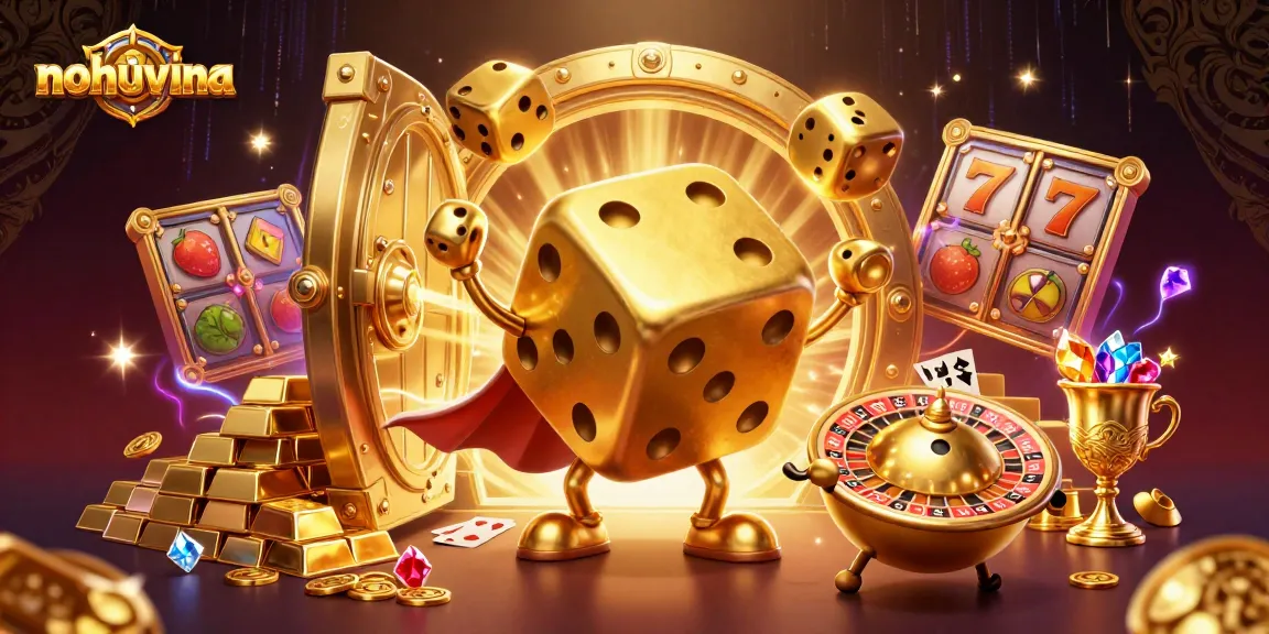 Nohuvina enhanced virtual casino scene featuring lively golden dice and vibrant slot elements.