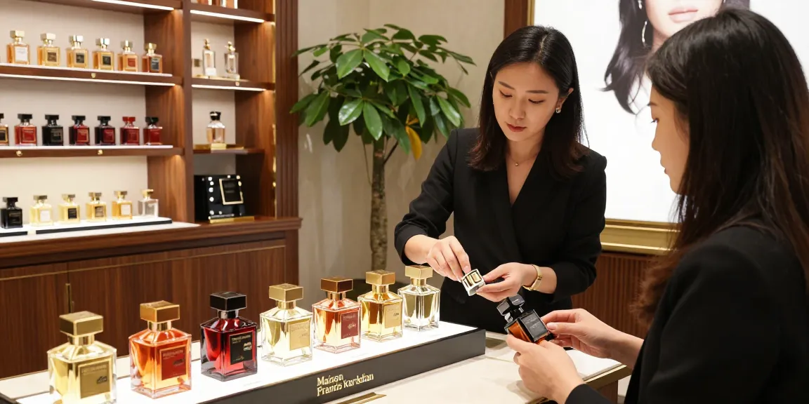 Maison Francis Kurkdjian (MFK) perfumes displayed in a luxurious boutique with an engaging customer experience.