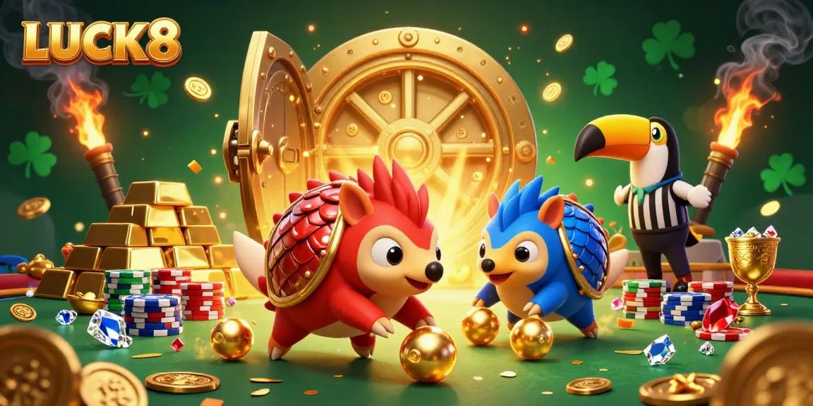 LUCK8 pangolins compete in a thrilling game filled with golden treasures and vibrant casino symbols.
