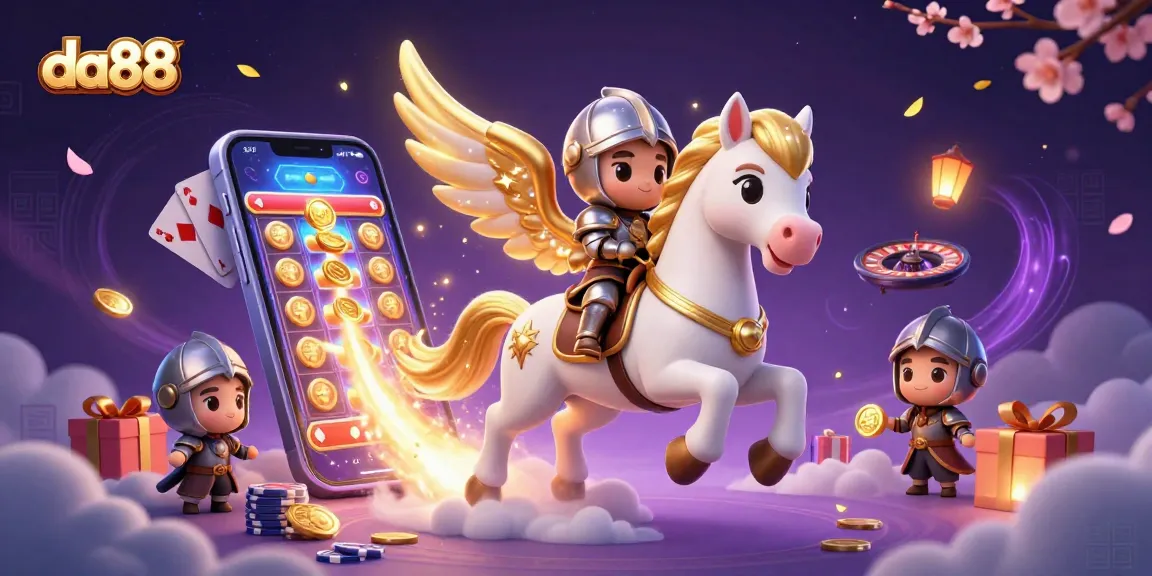 Engage with da88's thrilling slot games as a celestial horse gallops through a vibrant casino landscape.