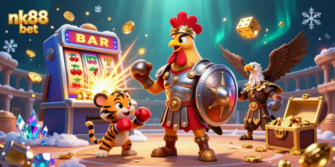 Engage with exciting gameplay at nk88 bet featuring jackpot symbols, a dynamic rooster character, and vibrant casino elements.