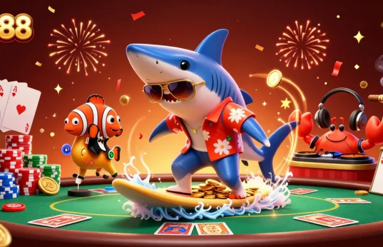Experience thrilling sin88 gameplay with a vibrant scene of characters surfing on gold coins.