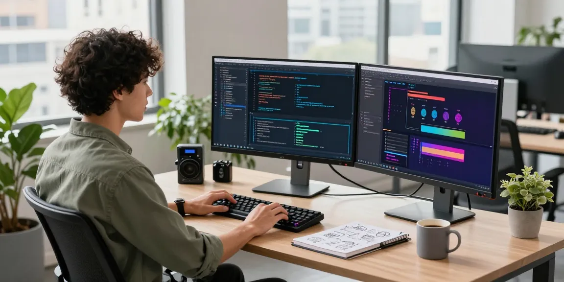 Developer engaging with the 纸飞机中文版 app in a modern tech workspace, showcasing coding activities and vibrant design elements.