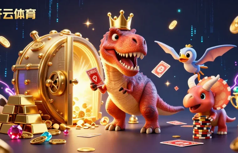 Engage with the 3D cartoon scene featuring 开云体育 where the T-Rex shuffles cards, highlighting vibrant casino excitement.