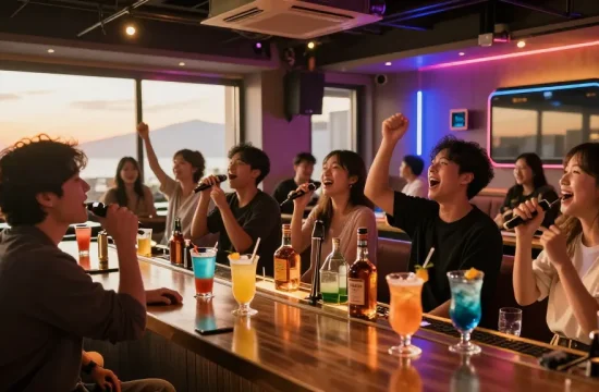 제주유흥의 다채로운 분위기 속에서 노래하며 즐기는 사람들
