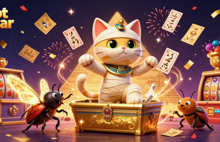 Spin the reels with slot besar as the mummy cat and golden beetle bring luck in a vibrant casino.