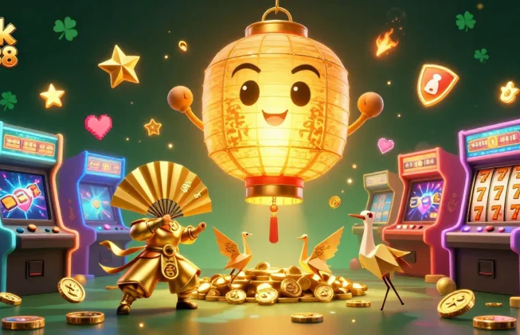 Engage with Link Xo88 through a vivid 3D illustration featuring a giant golden lantern spirit and vibrant casino elements.