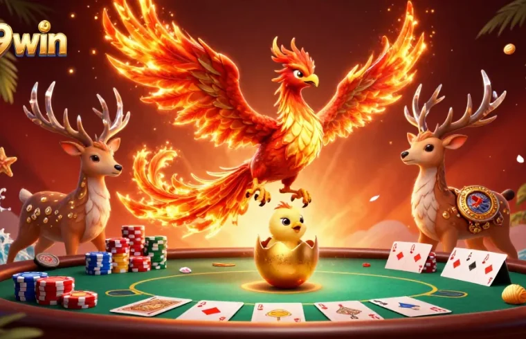 Experience the excitement of 789win with a stunning 3D phoenix scene depicting poker chips and cards.